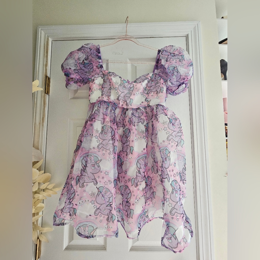 Women's Tokidoki Unicorns Sweetheart Neck Line Puff Sleeve Mini Dress Sz M NWT
